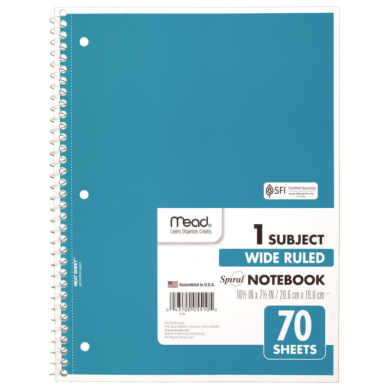 Mead 1-Subject Notebooks, 10.5" x 8", Wide Ruled, 70 Sheets, Assorted Colors, 4/Pack (72873)