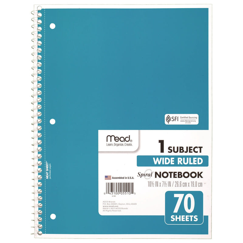 Mead 1-Subject Notebooks, 10.5" x 8", Wide Ruled, 70 Sheets, Assorted Colors, 4/Pack (72873)
