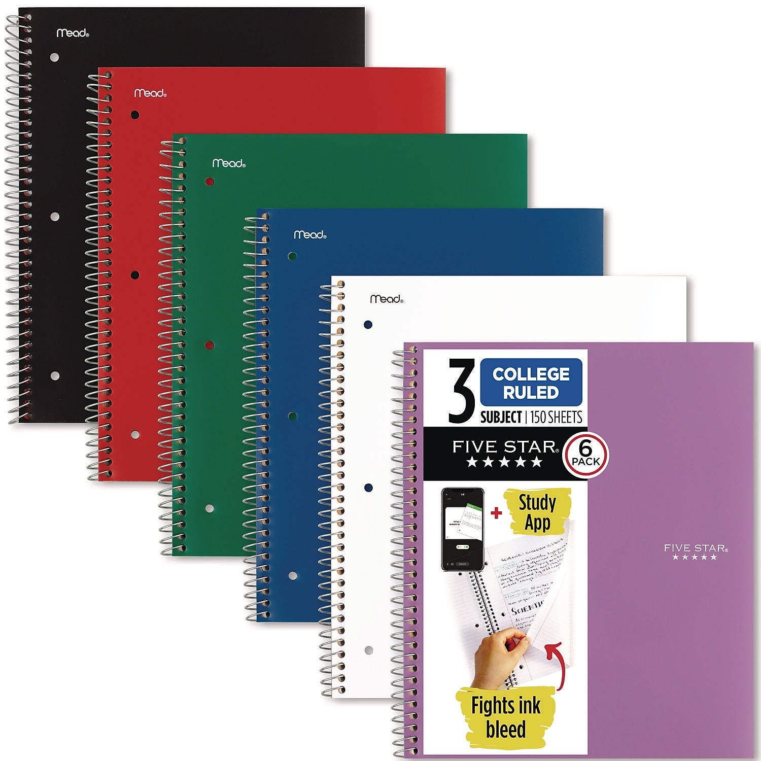 Five Star 3-Subject Notebooks, 11" x 9.13", College Ruled, 150 Sheets, Assorted Colors, 6/Pack (73930)