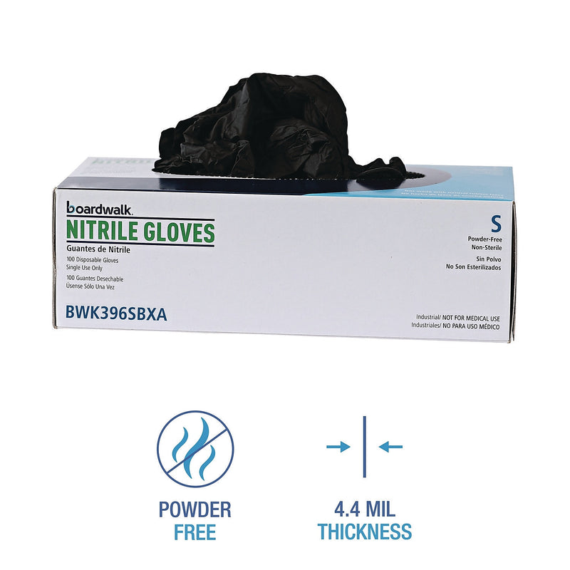 Boardwalk Powder Free Nitrile Industrial Gloves, Latex Free, Small, Black, 100 Gloves/Box (396SBXA)