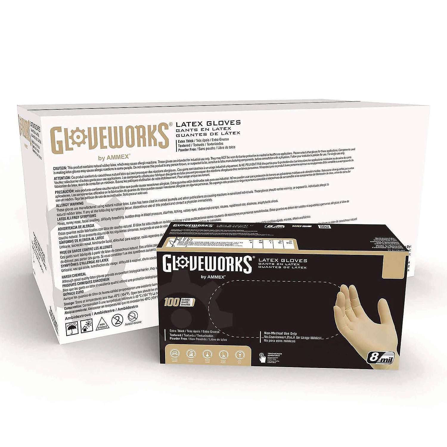 GloveWorks by AMMEX Powder Free Latex Industrial Gloves, Large, Ivory, 100 Gloves/Box, 10 Boxes/Carton (ILHD46100)