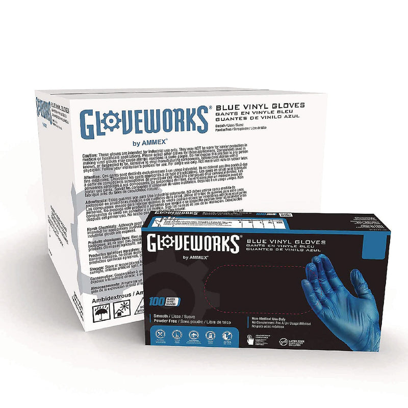 GloveWorks by AMMEX Powder Free Vinyl Industrial Gloves, Latex Free, Small, Blue, 100 Gloves/Box, 10 Boxes/Carton (IVBPF42100)