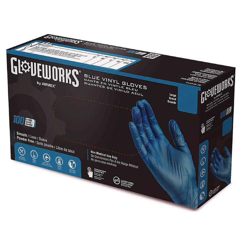 GloveWorks by AMMEX Powder Free Vinyl Industrial Gloves, Latex Free, XL, Blue, 100 Gloves/Box, 10 Boxes/Carton (IVBPF48100)