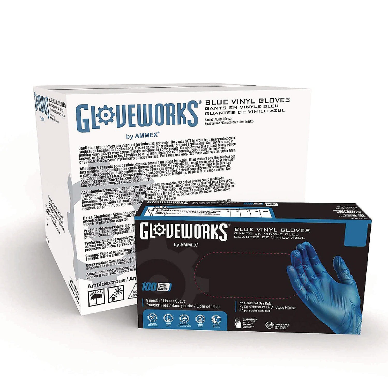 GloveWorks by AMMEX Powder Free Vinyl Industrial Gloves, Latex Free, Medium, Blue, 100 Gloves/Box, 10 Boxes/Carton (IVBPF44100)