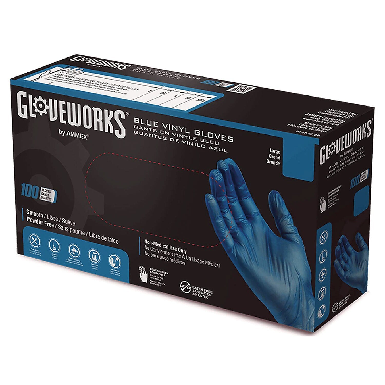 GloveWorks by AMMEX Powder Free Vinyl Industrial Gloves, Latex Free, Medium, Blue, 100 Gloves/Box, 10 Boxes/Carton (IVBPF44100)