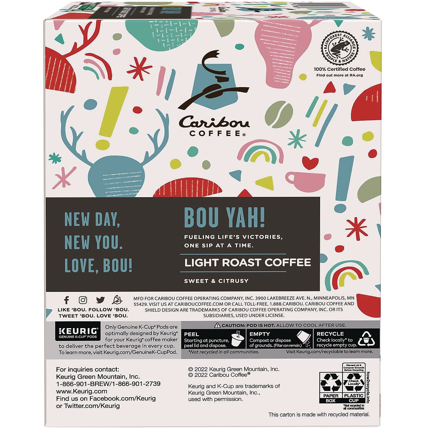 Caribou Coffee BOU YAH Coffee K-Cup, Light Roast, 22/Box (5000368779)