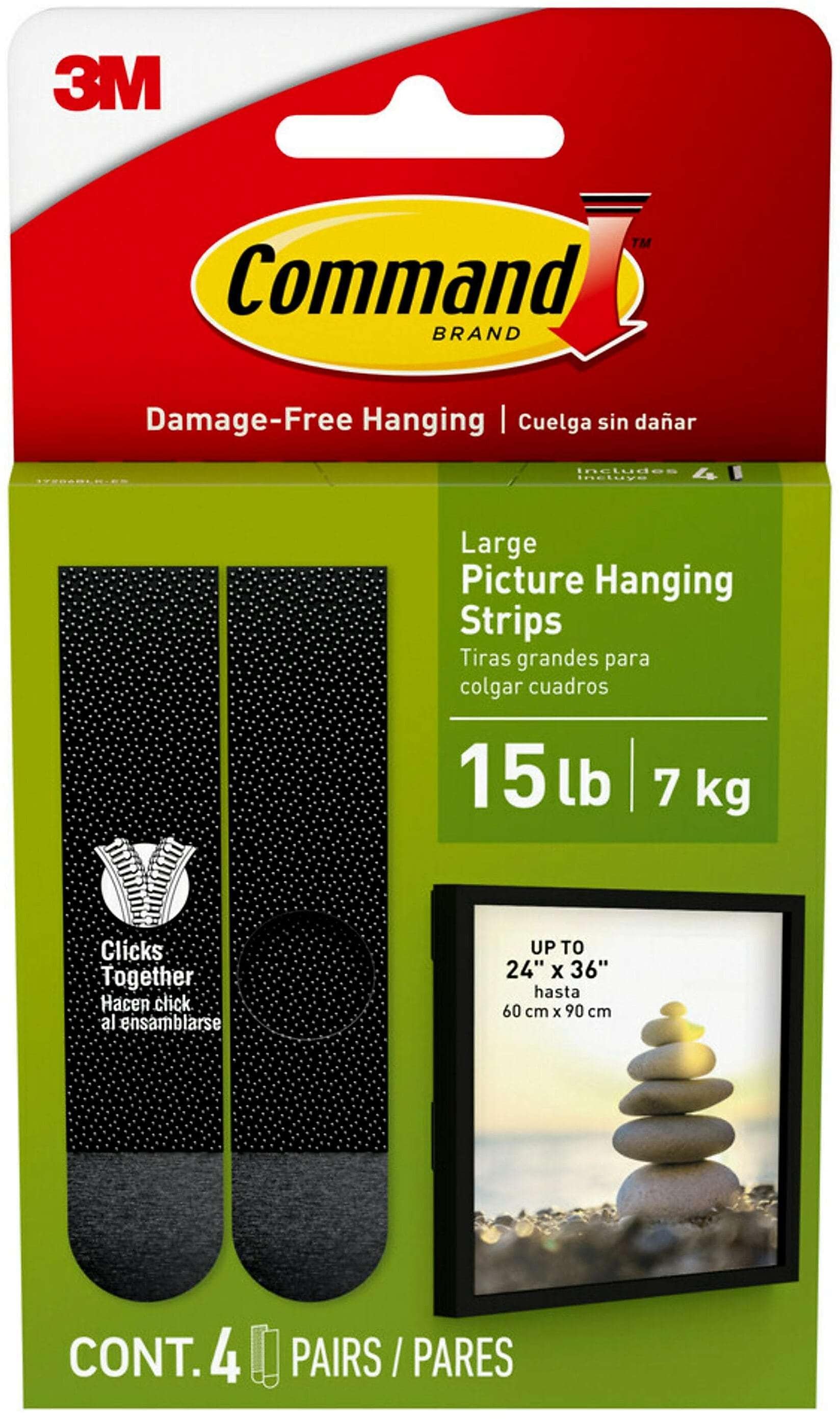 Command Large Hanging Strips, 15 lb., Black, 4/Pack (17206BLK-ES)