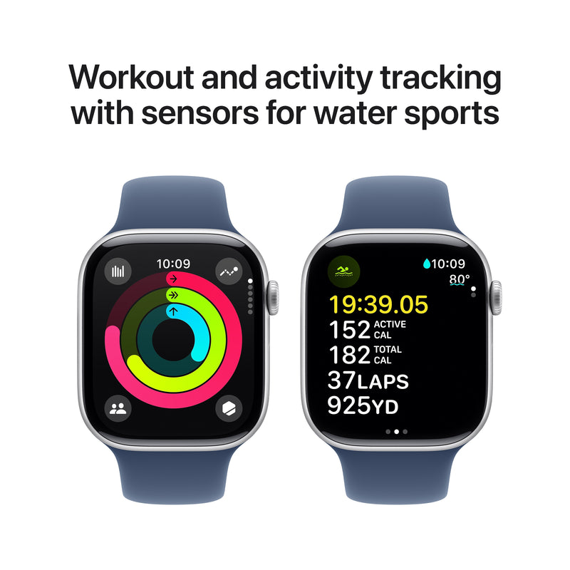 Apple Watch Series 10 GPS Smartwatch, 46mm, Silver Aluminum Case with Denim Sport Band, Small/Medium (MWWL3LW/A)