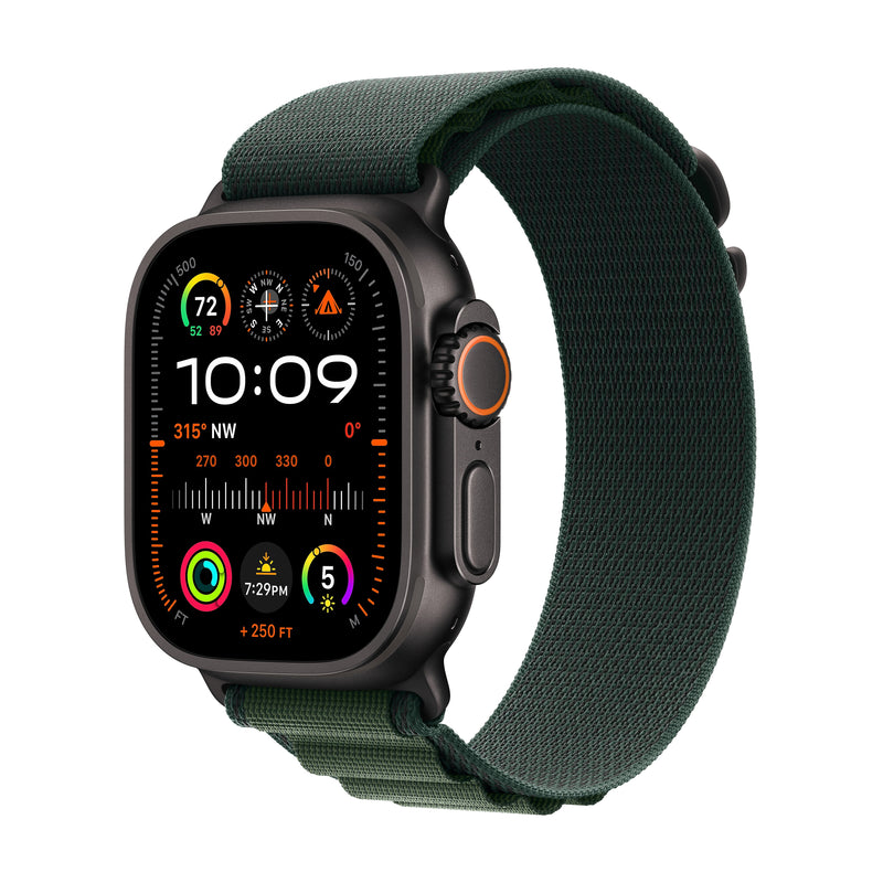 Apple Watch Ultra 2 GPS + Cellular Smartwatch, 49mm, Black Titanium Case with Dark Green Alpine Loop, Large (MX4T3LW/A)