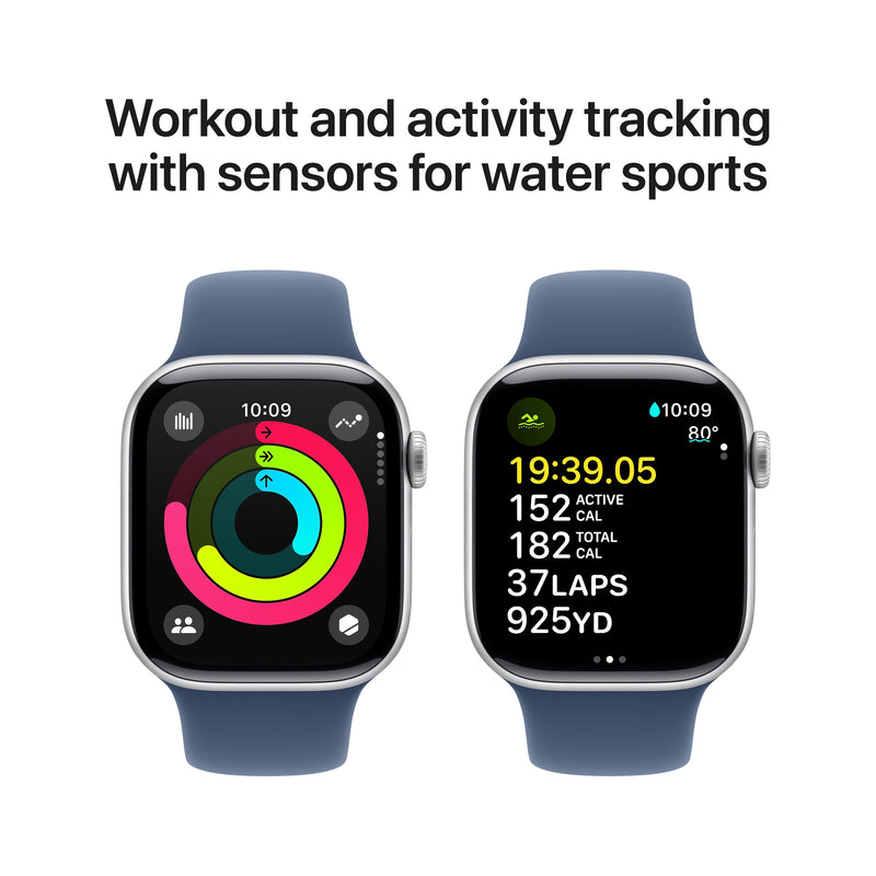 Apple Watch Series 10 GPS Smartwatch, 42mm, Silver Aluminum Case with Denim Sport Band, Medium/Large (MWWC3LW/A)