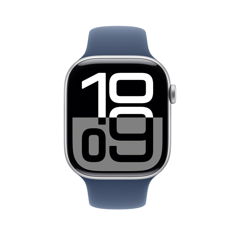 Apple Watch Series 10 GPS Smartwatch, 46mm, Silver Aluminum Case with Denim Sport Band, Small/Medium (MWWL3LW/A)