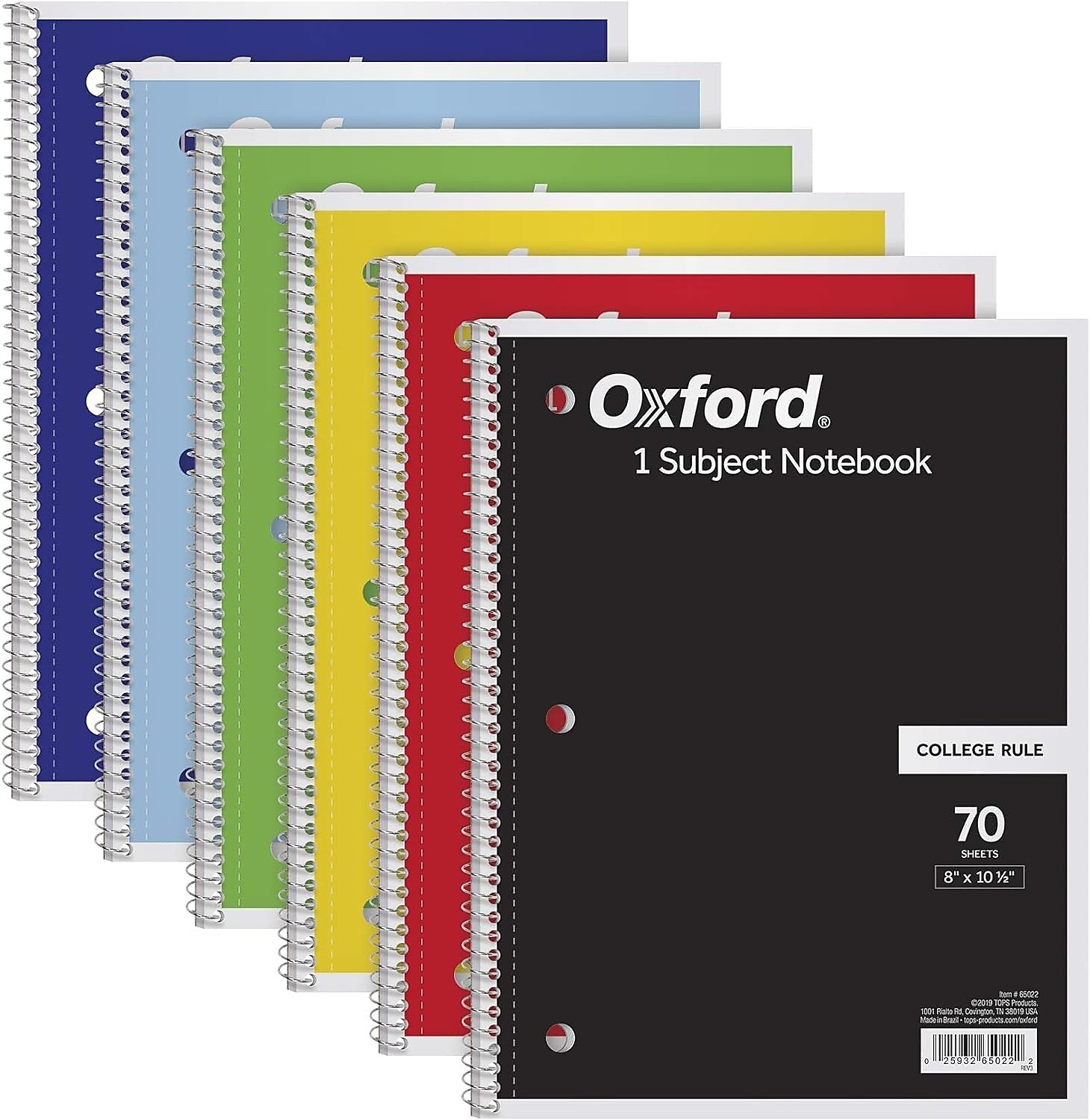 Oxford 1-Subject Notebooks, 8" x 10.5", College Ruled, 70 Sheets, Each (65022)