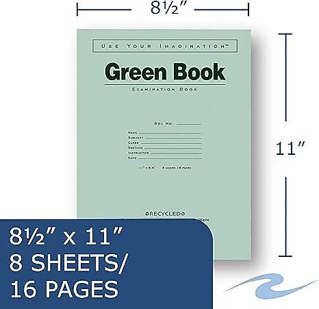 Roaring Spring Paper Products Exam Notebooks, 8.5" x 11", Wide Ruled, 8 Sheets, Green (77509)