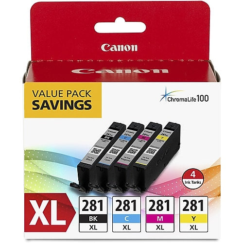 Canon 281XL Black/Cyan/Magenta/Yellow High Yield Ink Cartridge,  4/Pack (2037C005)