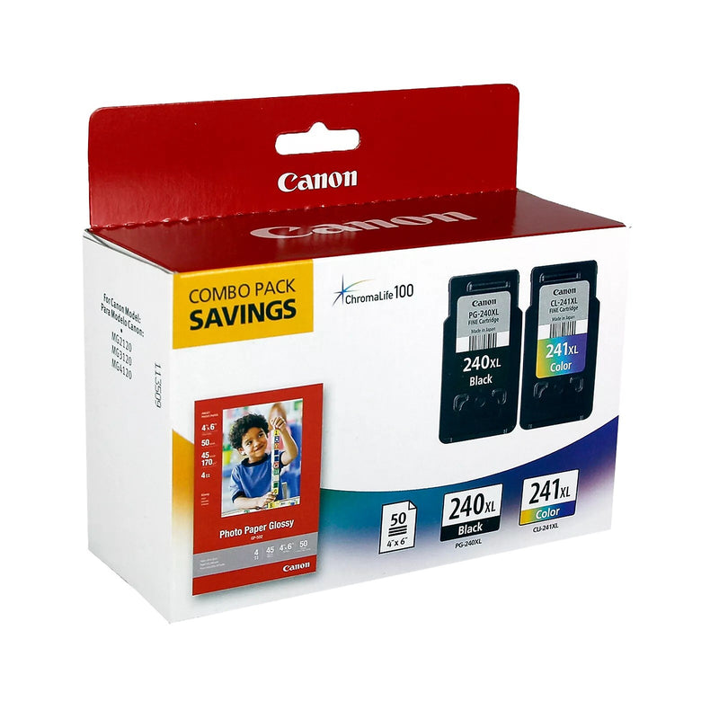 Canon 240XL/241XL Black and Tri-Color High Yield Ink Cartridge, 2/Pack with 4x6 photo paper (5206B005)