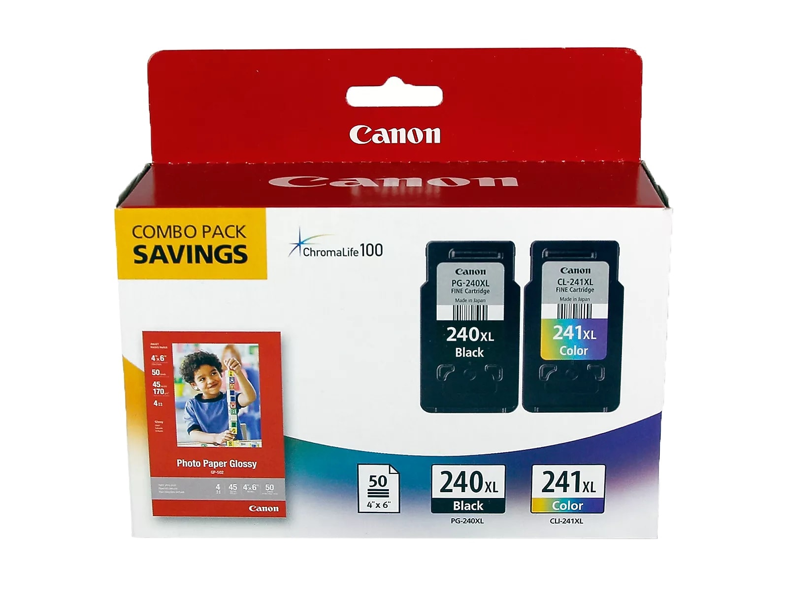 Canon 240XL/241XL Black and Tri-Color High Yield Ink Cartridge, 2/Pack with 4x6 photo paper (5206B005)