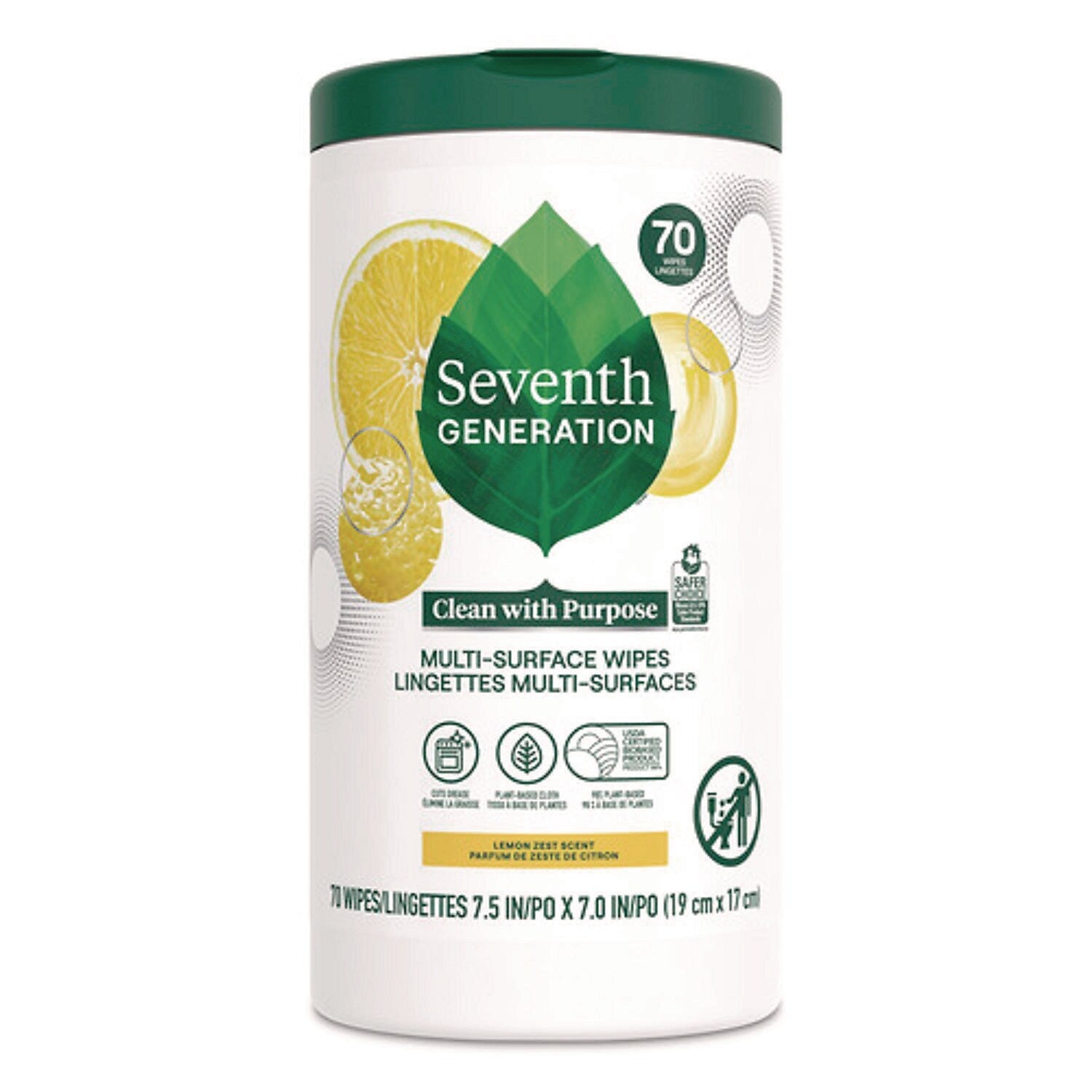 Seventh Generation Multi-Surface Wipes, Lemon Zest Scent, 70 Wipes/Canister, 6 Canisters/Carton (69657417)