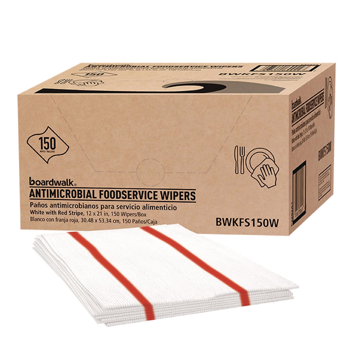 Boardwalk Polyester Food Service Wipers, 21" x 12", Red/White, 150 Wipers/Carton (BWKFS150W)