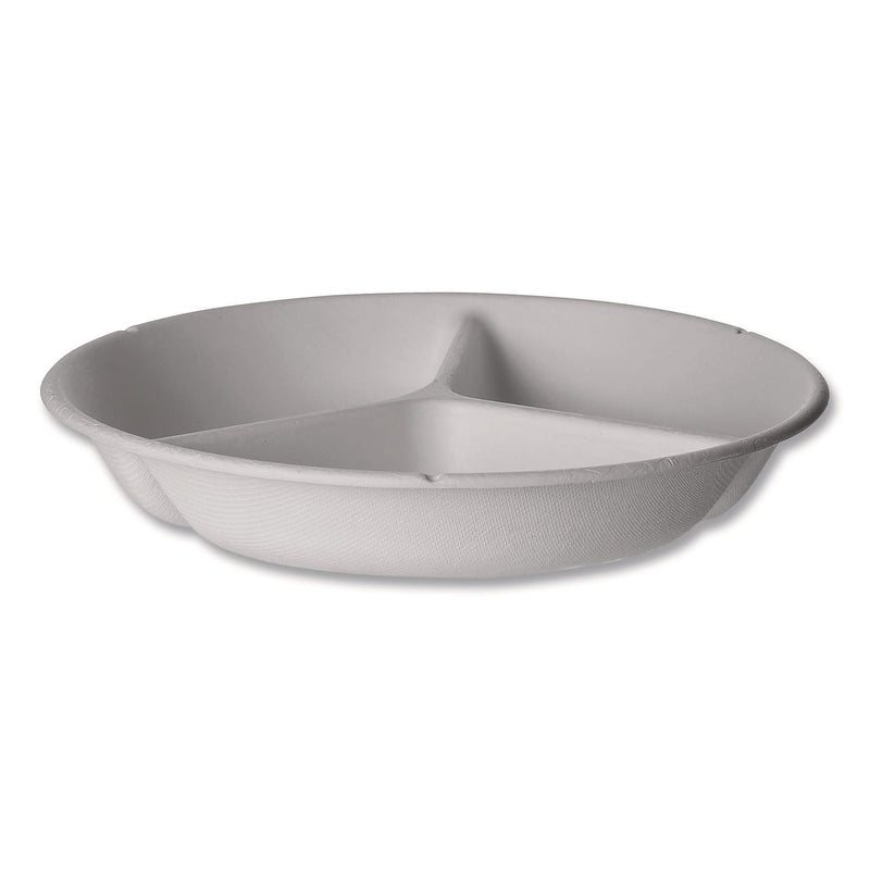 Eco-Products Vanguard Compostable 9" 3-Compartment Sugarcane Plates, White, 400/Carton (EP-SCR93NFA)