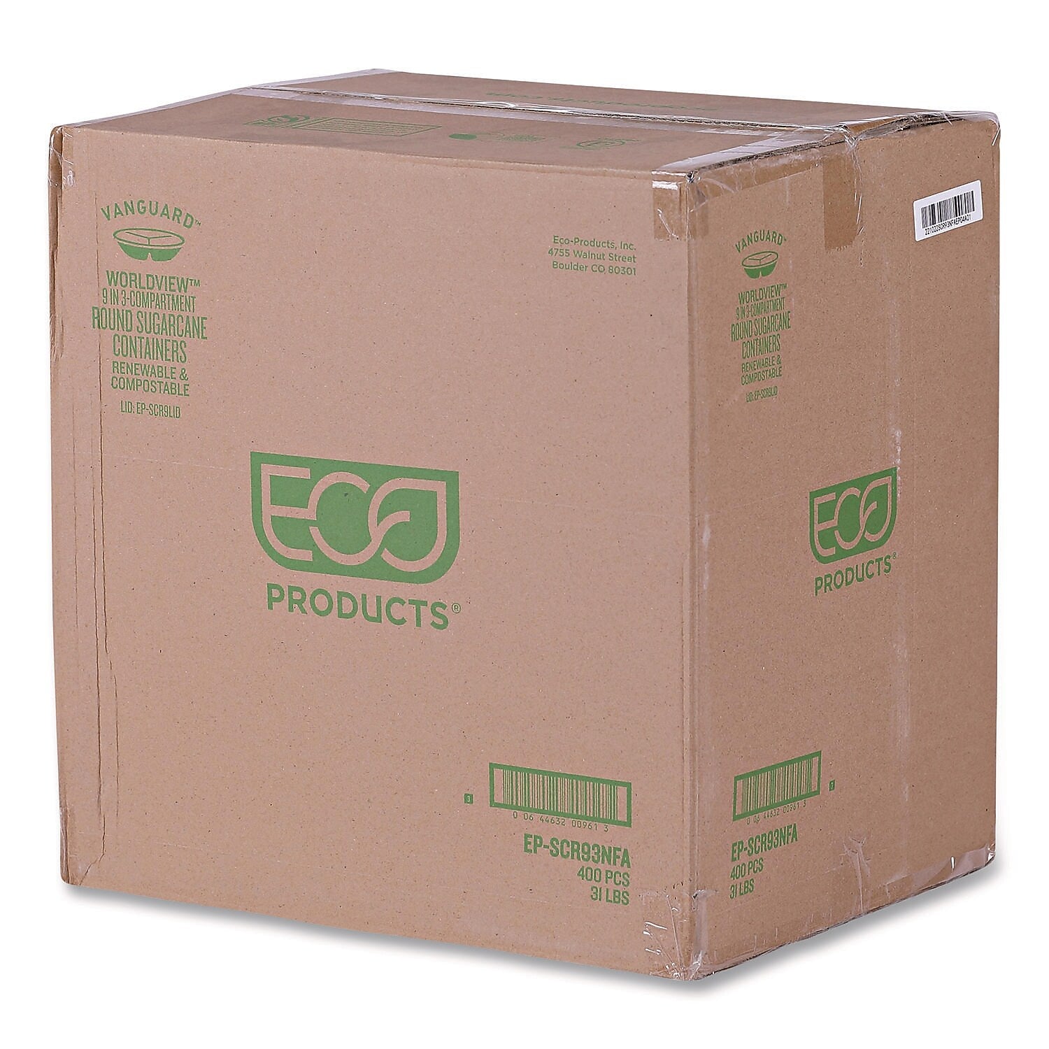 Eco-Products Vanguard Compostable 9" 3-Compartment Sugarcane Plates, White, 400/Carton (EP-SCR93NFA)