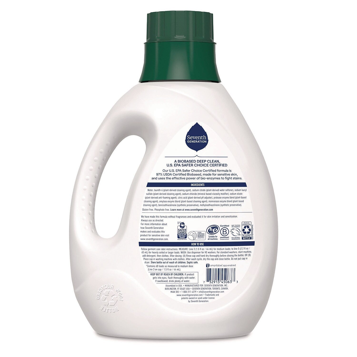 Seventh Generation HE Liquid Laundry Detergent, Free & Clear/Unscented, 60 Loads, 90 oz., 4/Carton (68748039)