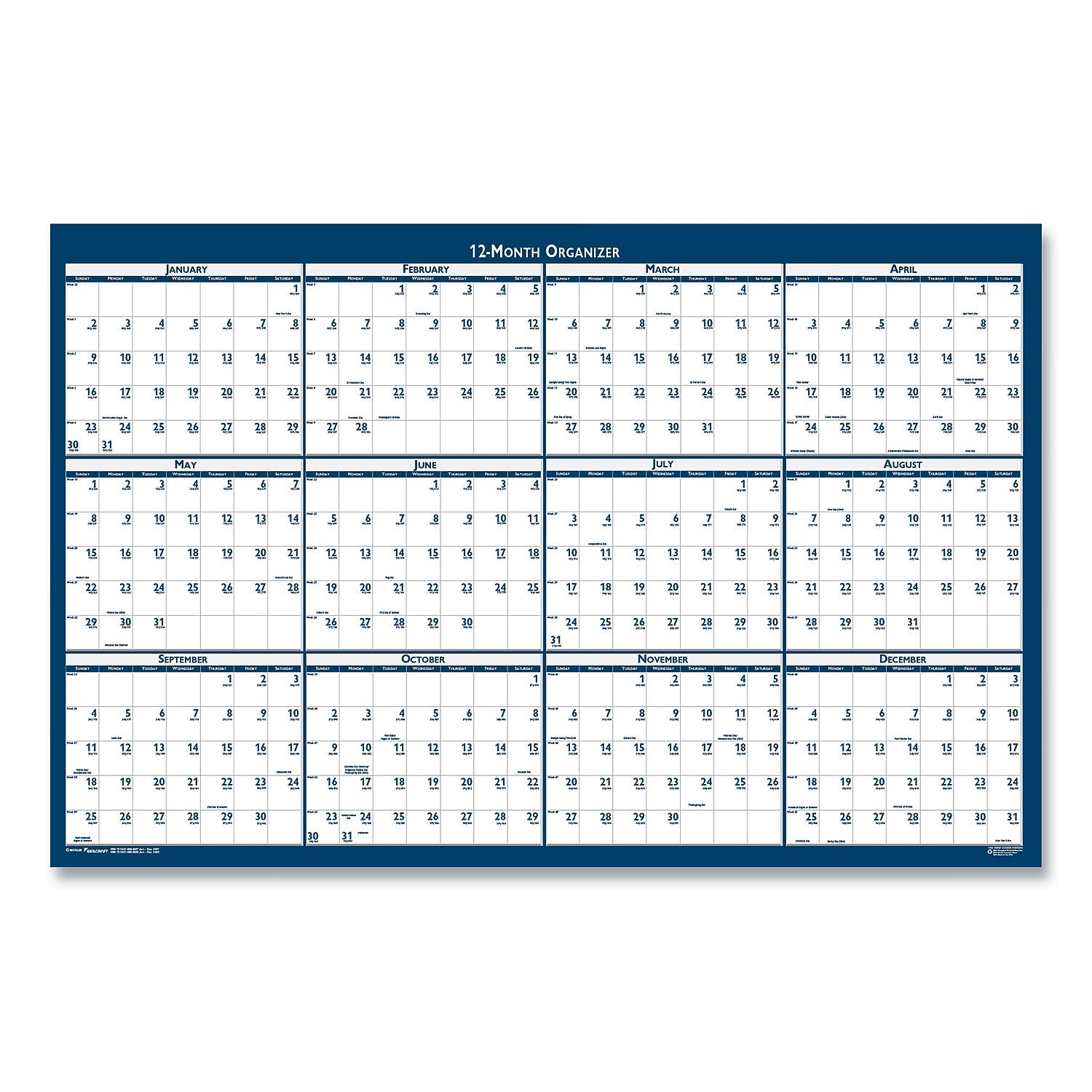 2025 AbilityOne 37" x 24" Yearly Dry Erase Wall Calendar, White/Blue (NSN6956113)