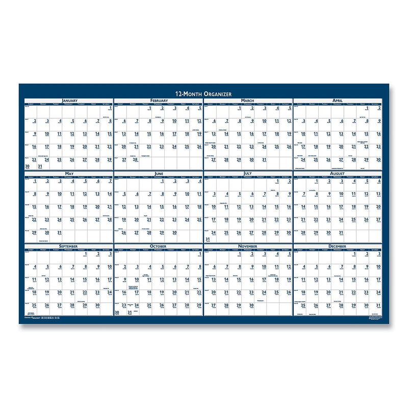 2025 AbilityOne 37" x 24" Yearly Dry Erase Wall Calendar, White/Blue (NSN6956113)
