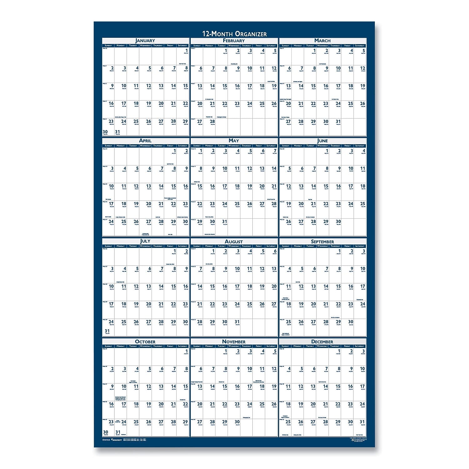 2025 AbilityOne 37" x 24" Yearly Dry Erase Wall Calendar, White/Blue (NSN6956113)