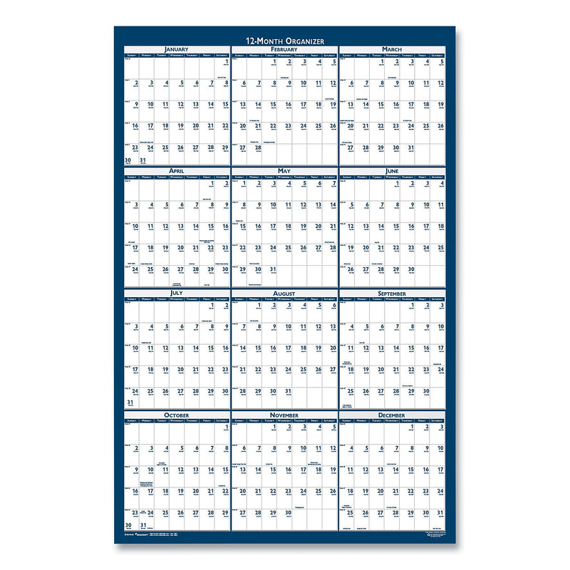 2025 AbilityOne 37" x 24" Yearly Dry Erase Wall Calendar, White/Blue (NSN6956113)