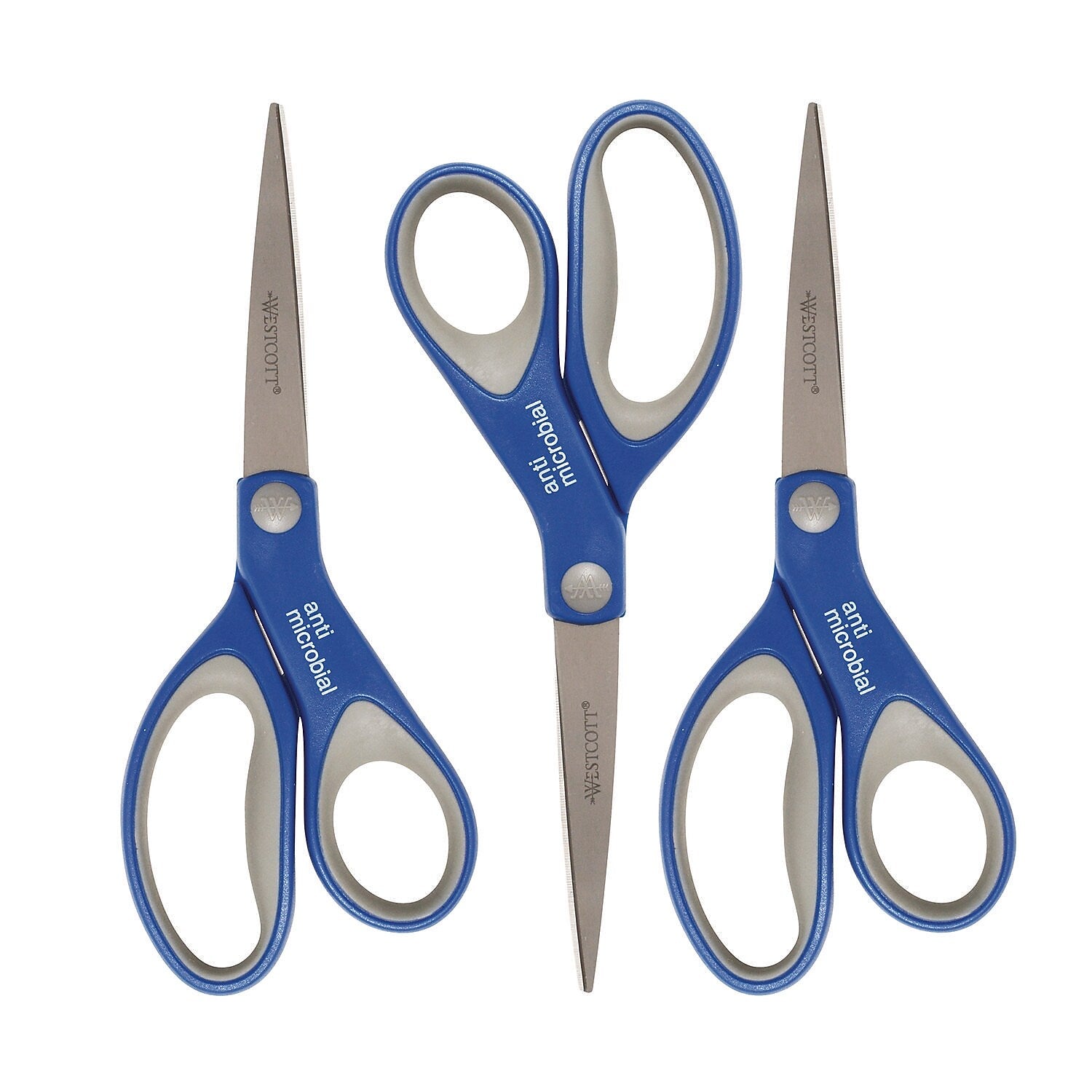 Westcott 8" Stainless Steel Scissors, Pointed Tip, Blue/Gray, 3/Pack (ACM17837)