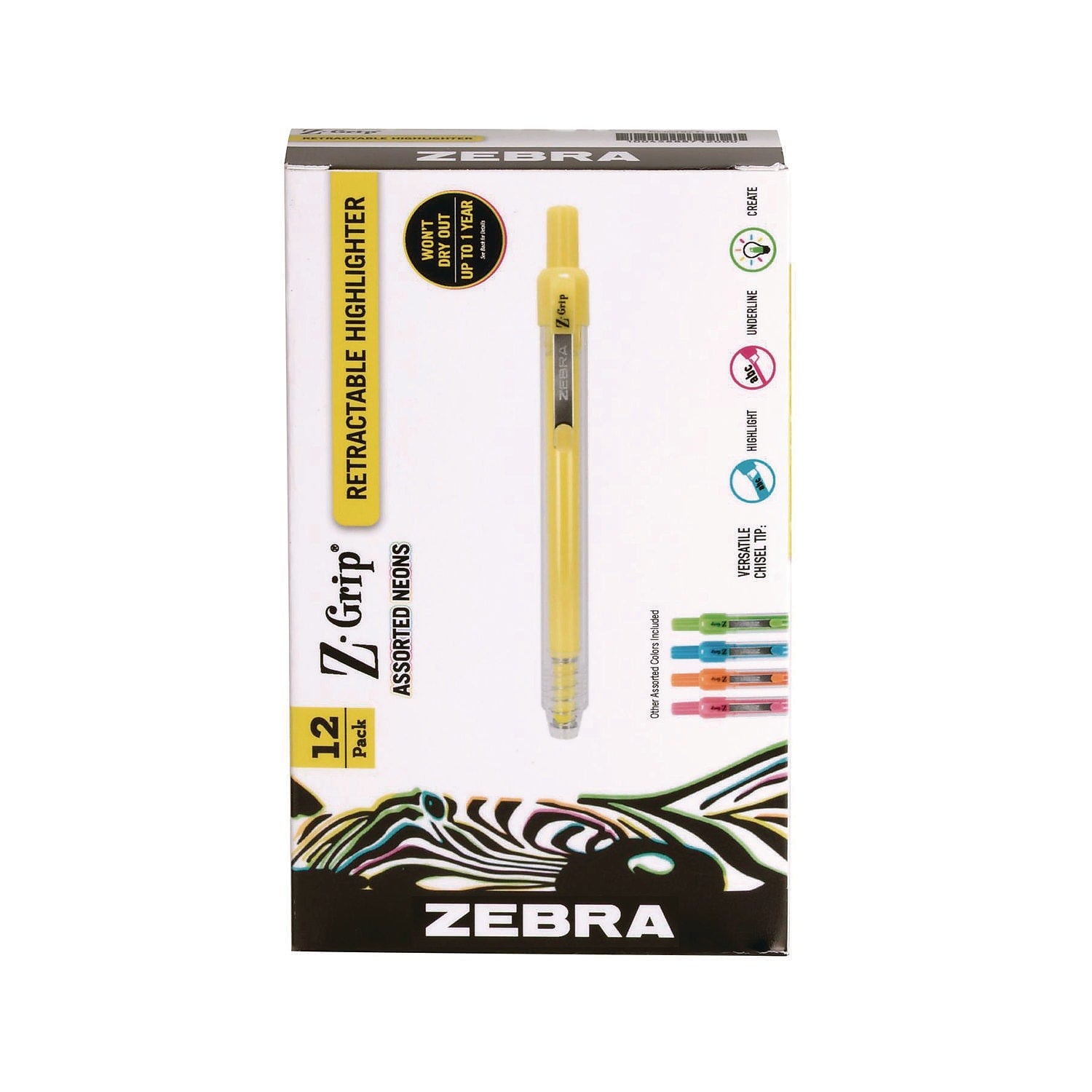 Zebra Z- Grip Retractable Highlighter with Grip, Chisel Tip, Assorted Neon, Dozen (71200)