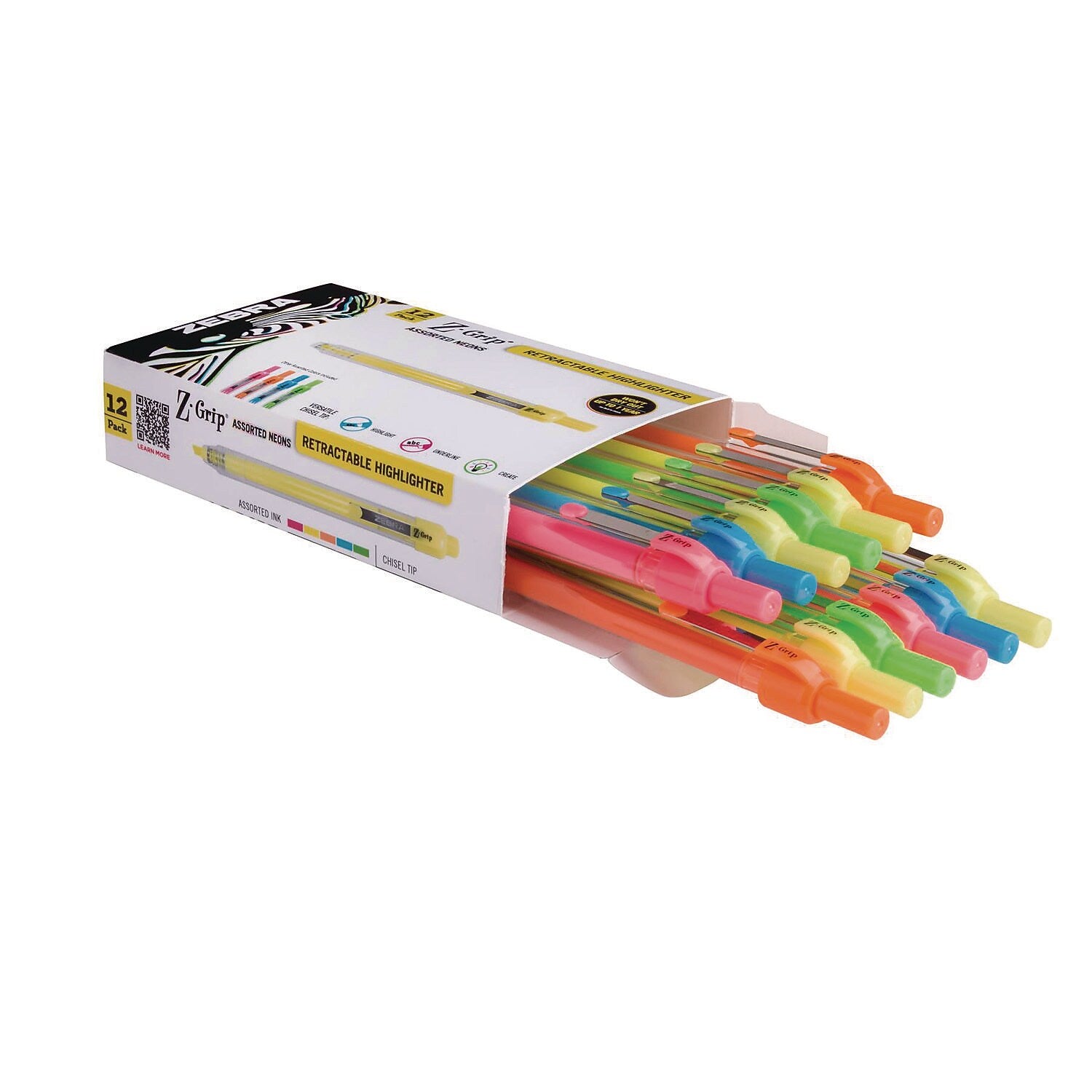 Zebra Z- Grip Retractable Highlighter with Grip, Chisel Tip, Assorted Neon, Dozen (71200)