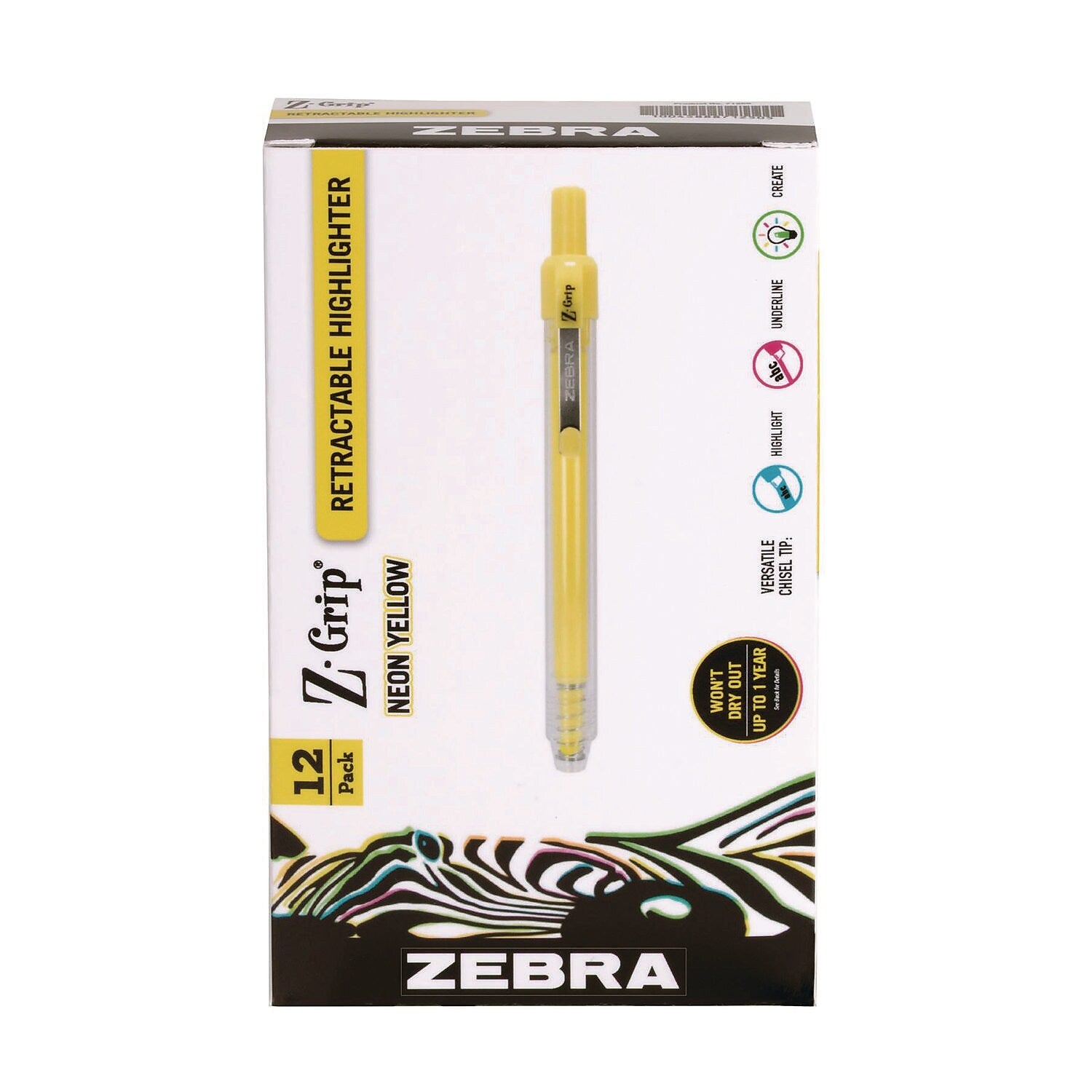 Zebra Z- Grip Retractable Highlighter with Grip, Chisel Tip, Neon Yellow, Dozen (71250)