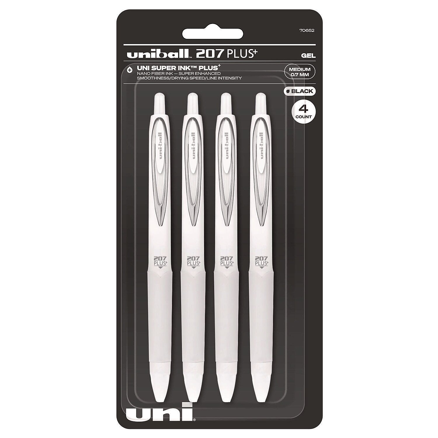 uniball 207 Plus+ Retractable Gel Pen, Medium Point, 0.7mm, Black Ink, 4 Pack (70652)