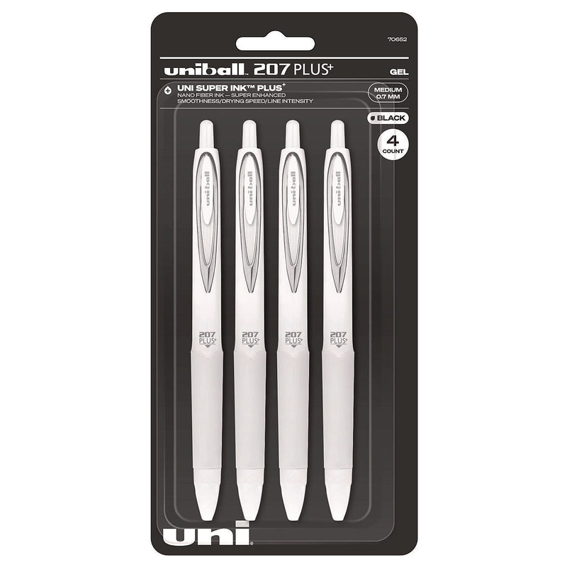 uniball 207 Plus+ Retractable Gel Pen, Medium Point, 0.7mm, Black Ink, 4 Pack (70652)