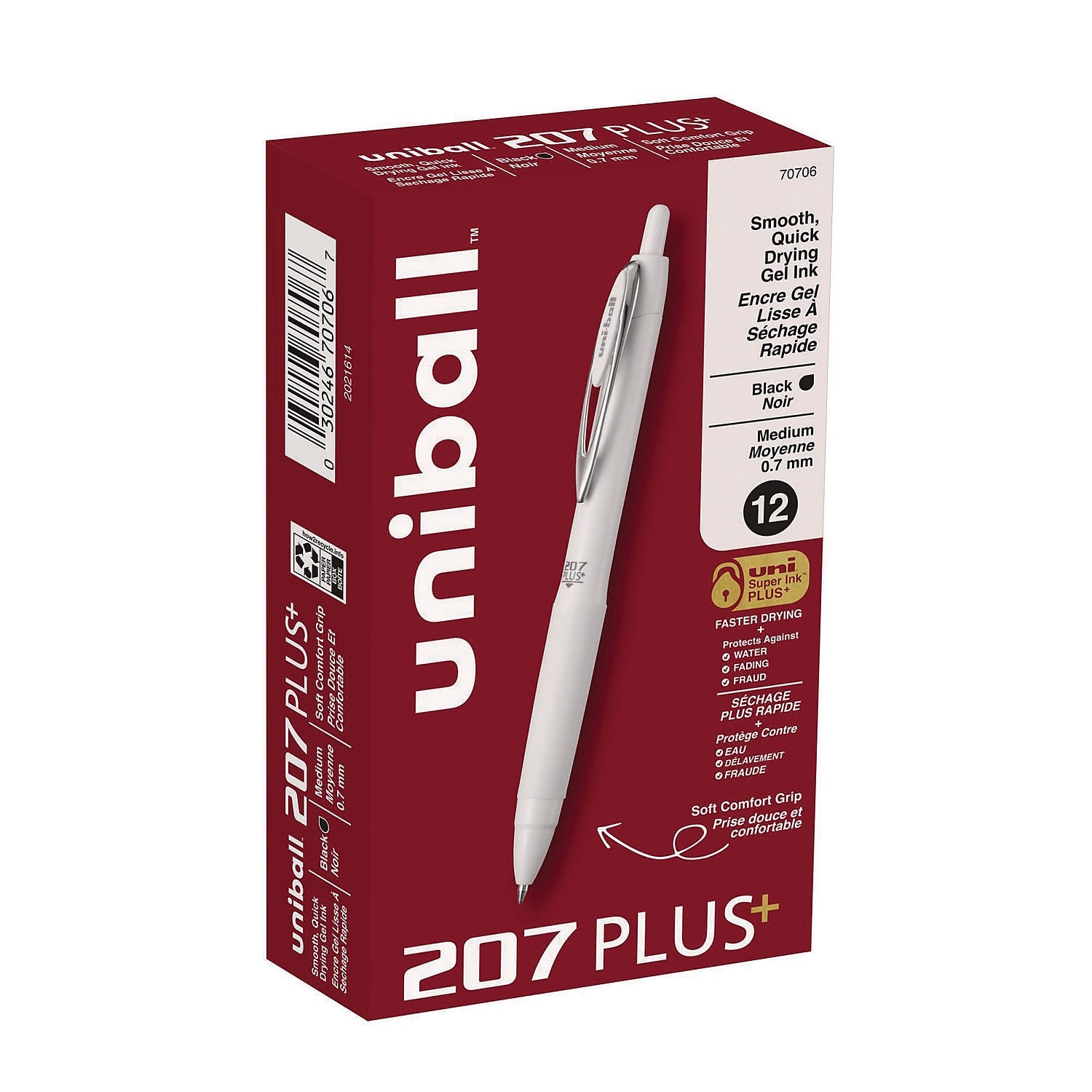 uniball 207 Plus+ Retractable Gel Pen, Medium Point, 0.7mm, Black Ink, Dozen (70706)