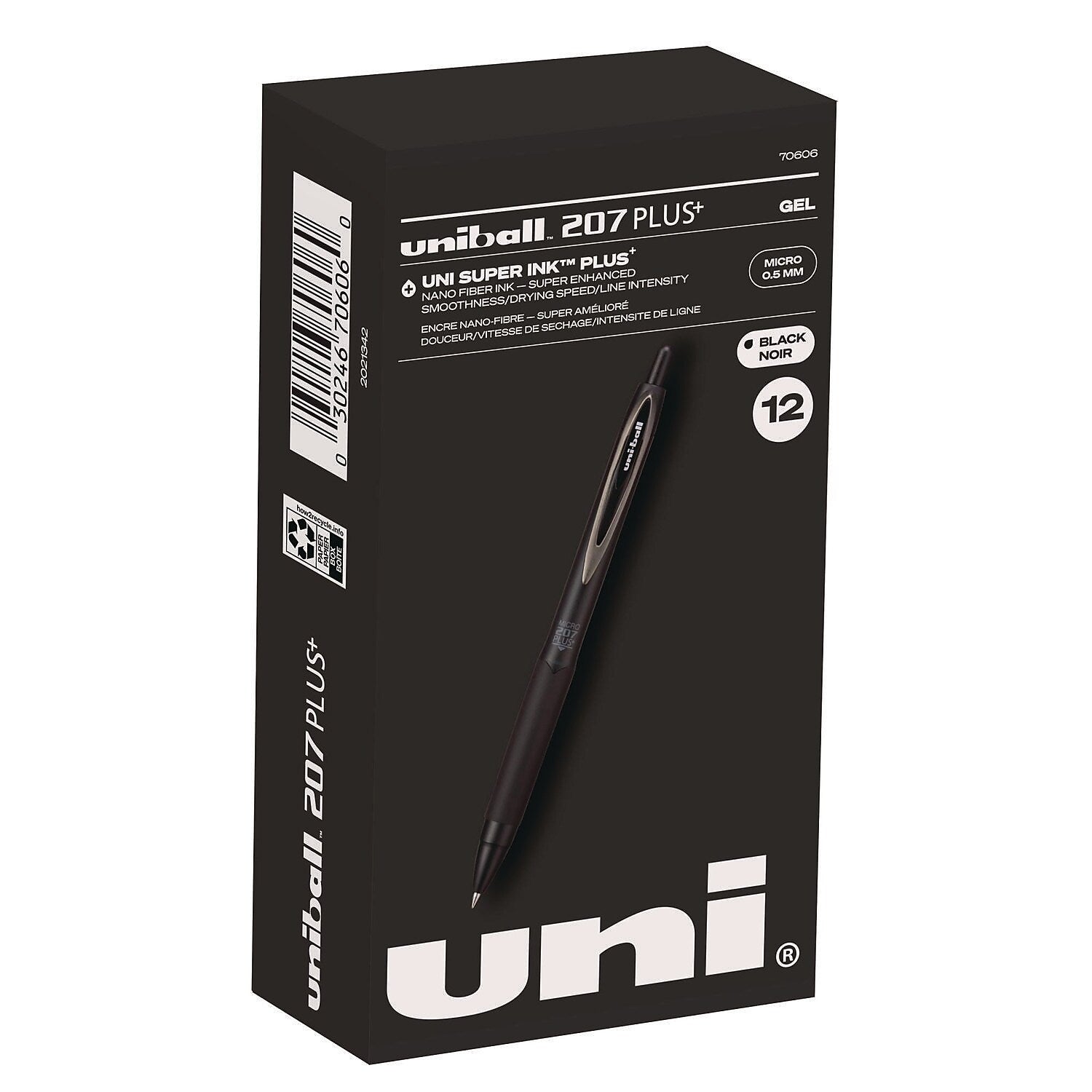 uniball 207 Plus+ Retractable Gel Pen, Micro Point, 0.5mm, Black Ink, Dozen (70606)