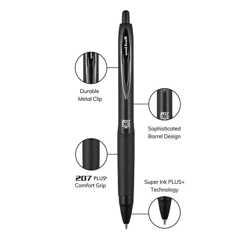 uniball 207 Plus+ Retractable Gel Pen, Micro Point, 0.5mm, Black Ink, Dozen (70606)