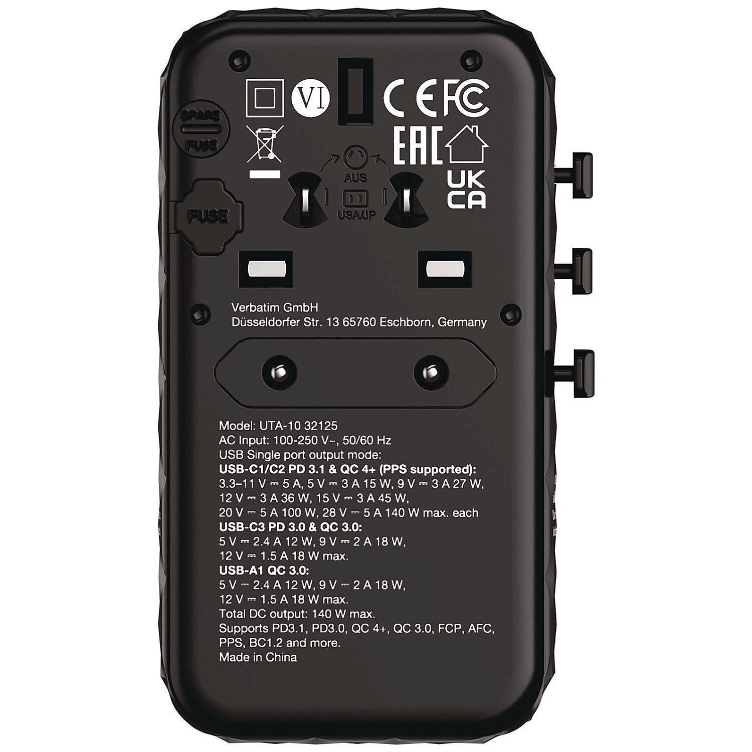 Verbatim 140W USB-A/USB-C Universal Travel Adapter, Black (32125)