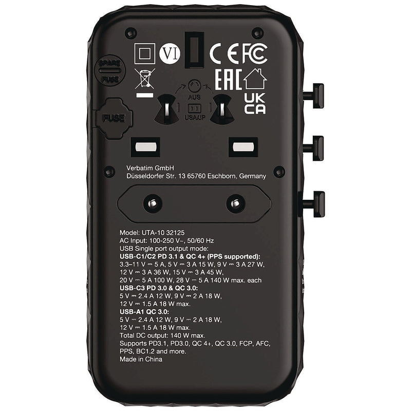Verbatim 140W USB-A/USB-C Universal Travel Adapter, Black (32125)