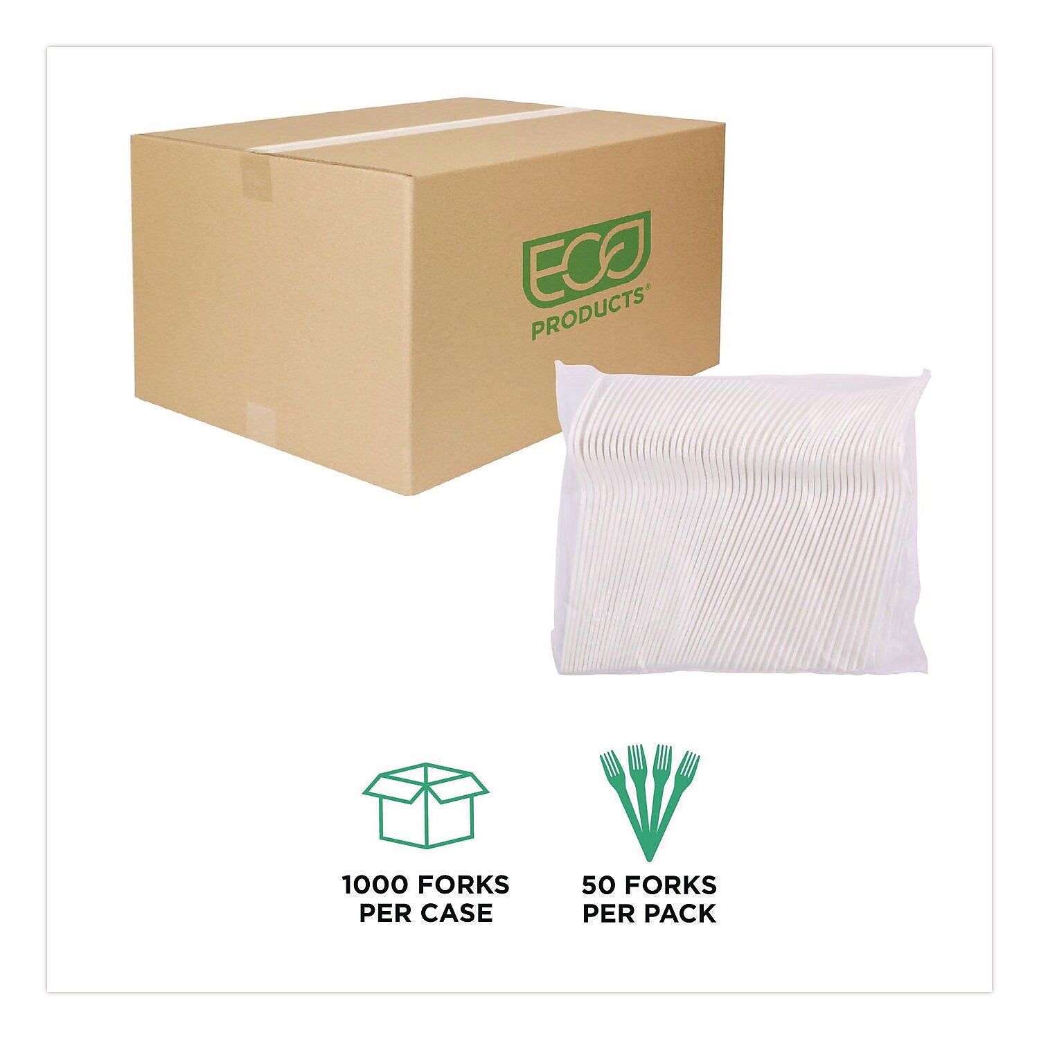 Eco-Products Plantware CPLA Forks, Medium-Weight, White, 1,000/Carton (EP-S017)