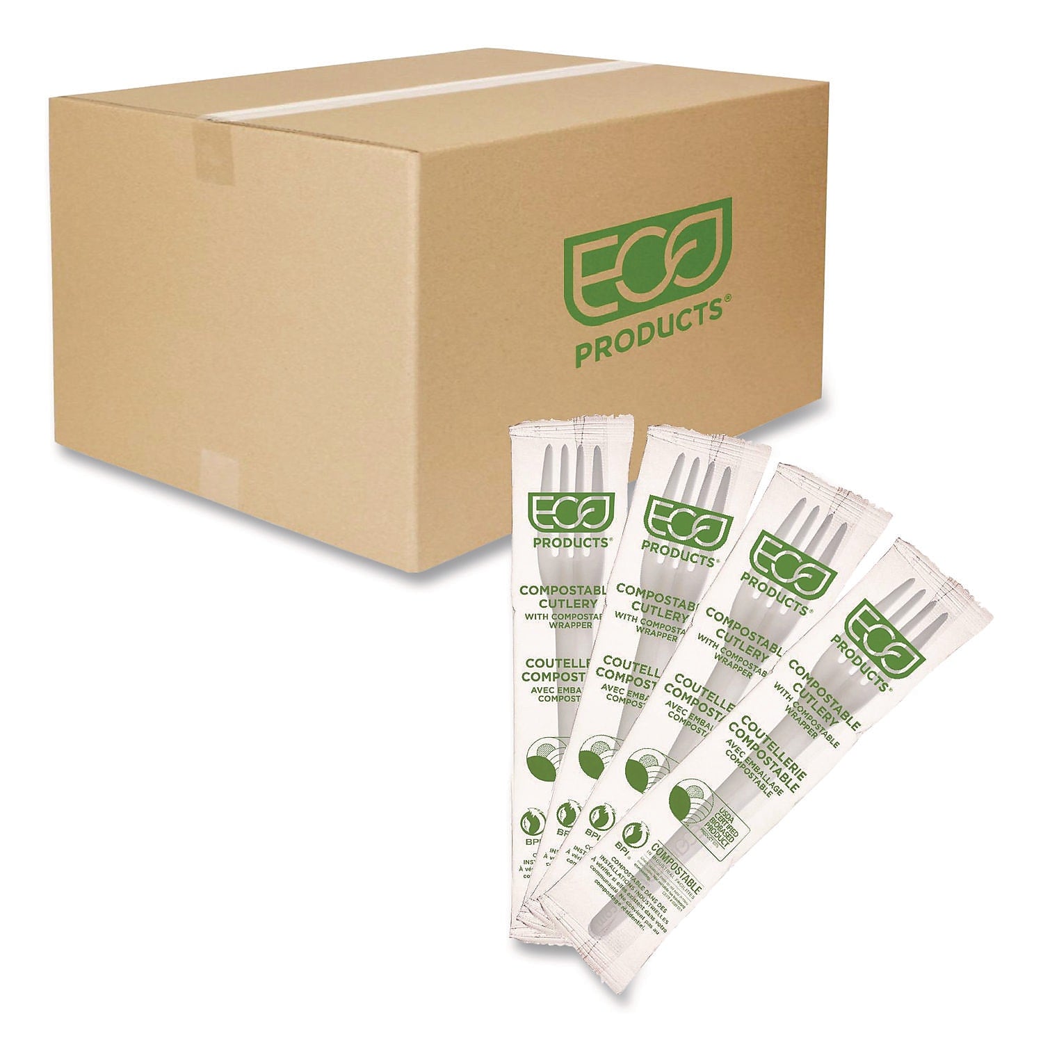 Eco-Products Plantware Individually Wrapped CPLA Forks, Medium-Weight, White, 1,000/Carton (EP-S017-W)