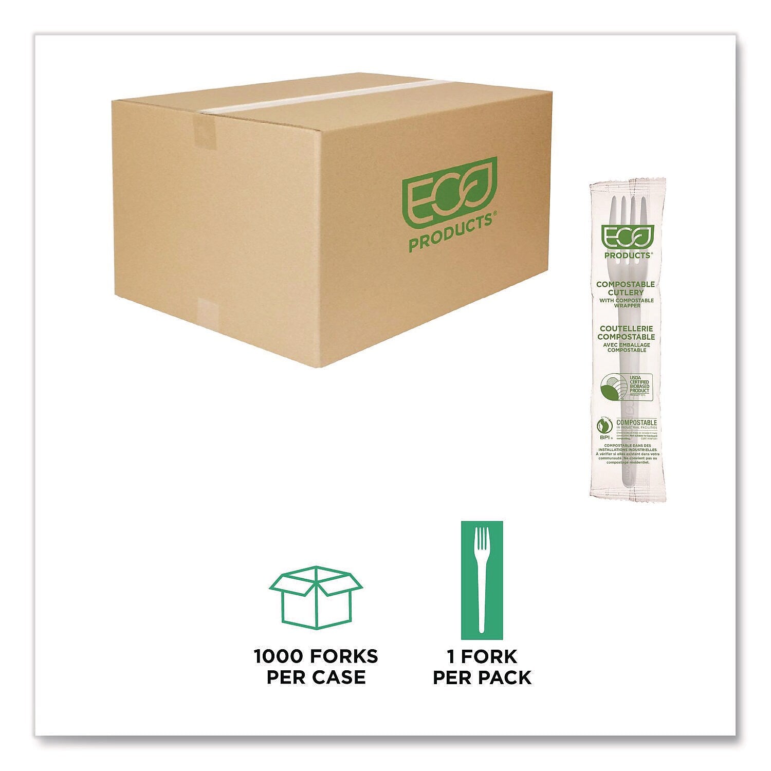 Eco-Products Plantware Individually Wrapped CPLA Forks, Medium-Weight, White, 1,000/Carton (EP-S017-W)