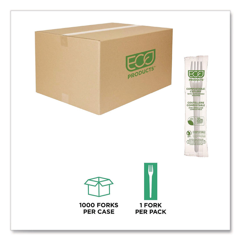 Eco-Products Plantware Individually Wrapped CPLA Forks, Medium-Weight, White, 1,000/Carton (EP-S017-W)