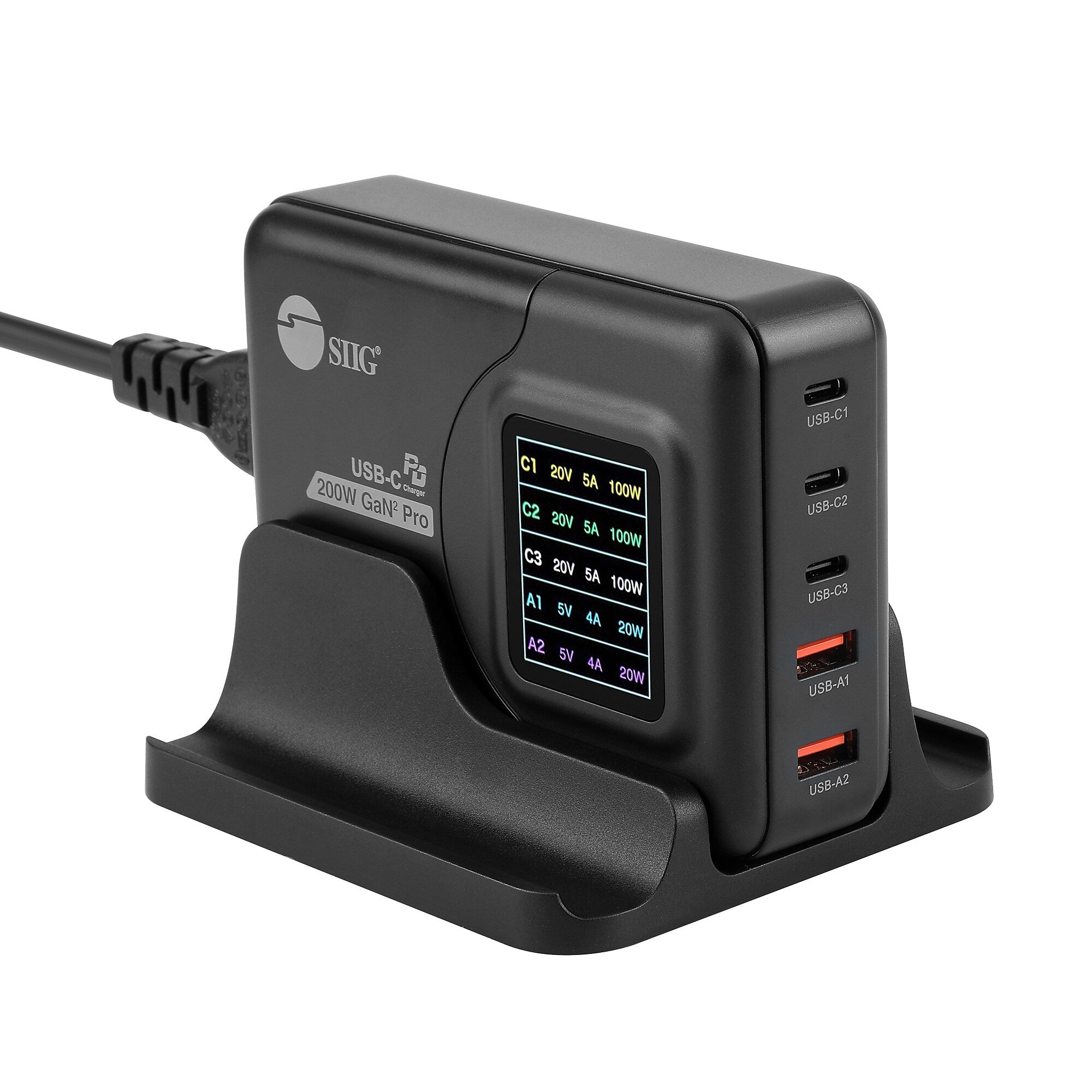 SIIG GaN USB-A/USB-C Charging Stand, 200W, Black (AC-PW1Y11-S1)