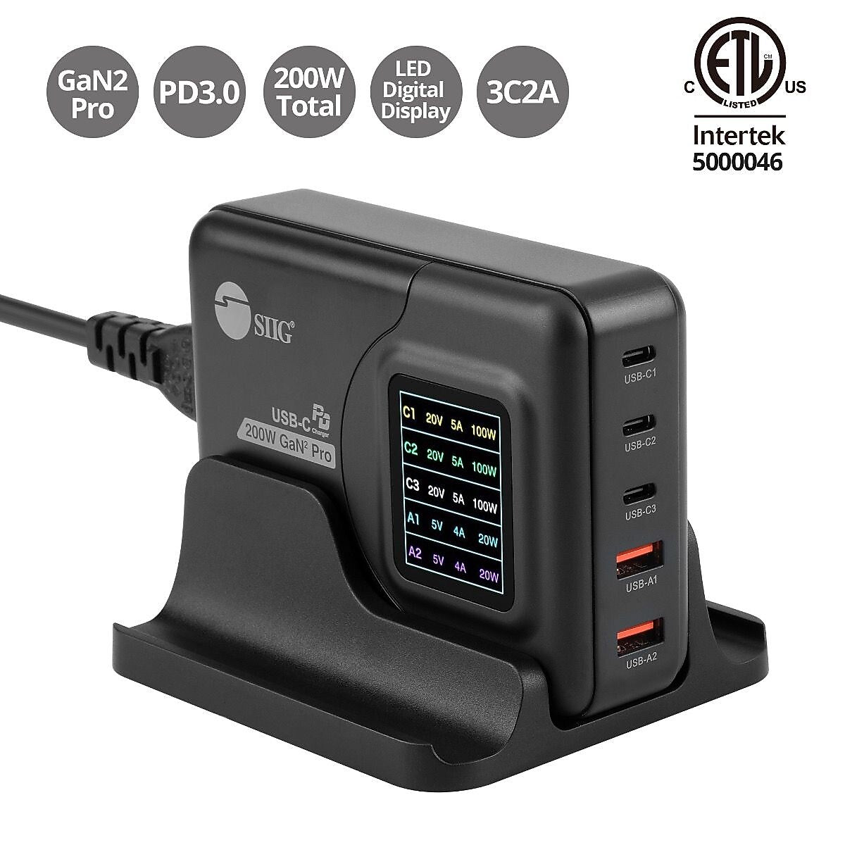 SIIG GaN USB-A/USB-C Charging Stand, 200W, Black (AC-PW1Y11-S1)