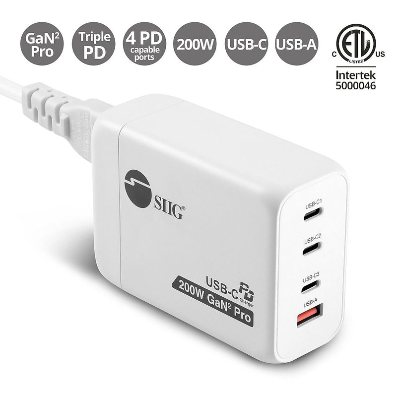 SIIG GaN USB-A/USB-C Charger, 200W, White (AC-PW1V11-S1)