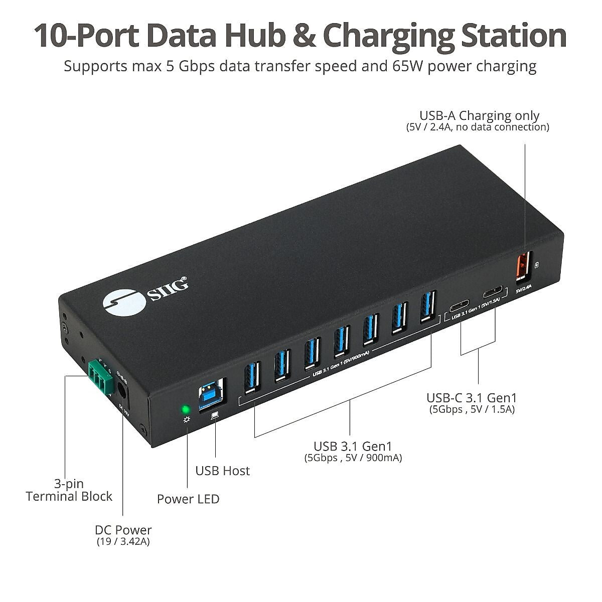 SIIG USB-A/USB-C Charging Station, 65W, Black (ID-US0811-S1)