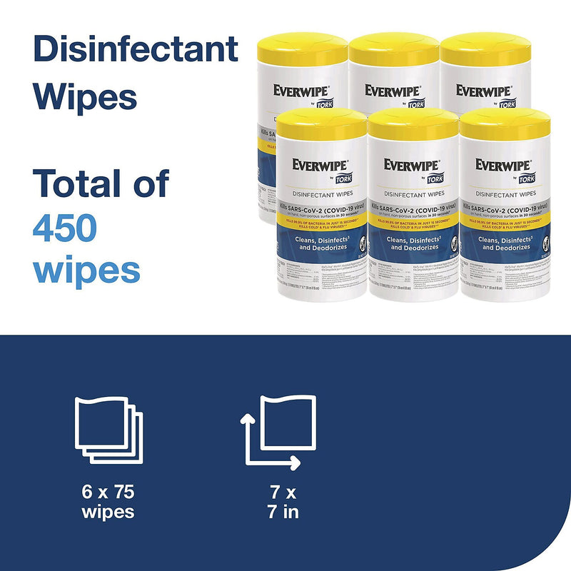 Tork Disinfecting Wipes, Lemon Scent, 75 Wipes/Canister, 6/Carton (192820)