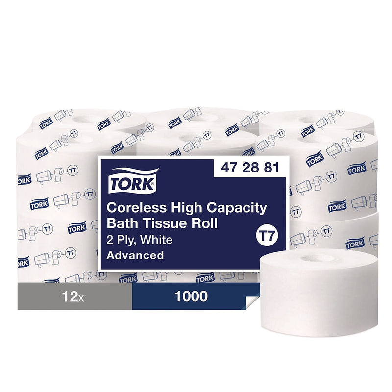 Tork Advanced High Capacity Recycled Coreless Toilet Paper, 2-Ply, White, 1000 Sheets/Roll, 12 Rolls/Carton (472881)